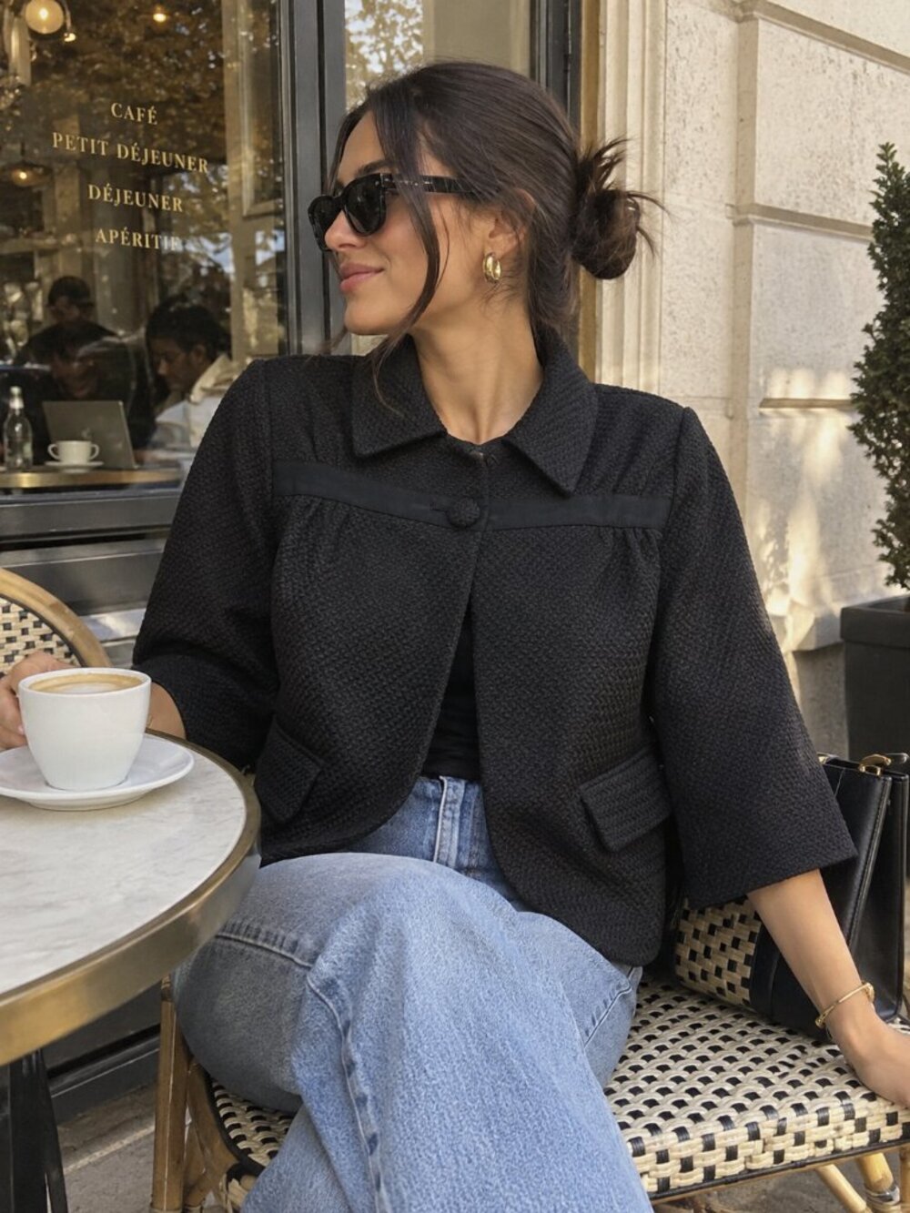Barneys New York Cape Jacket L Black Woven Texture Luxury Herringbone